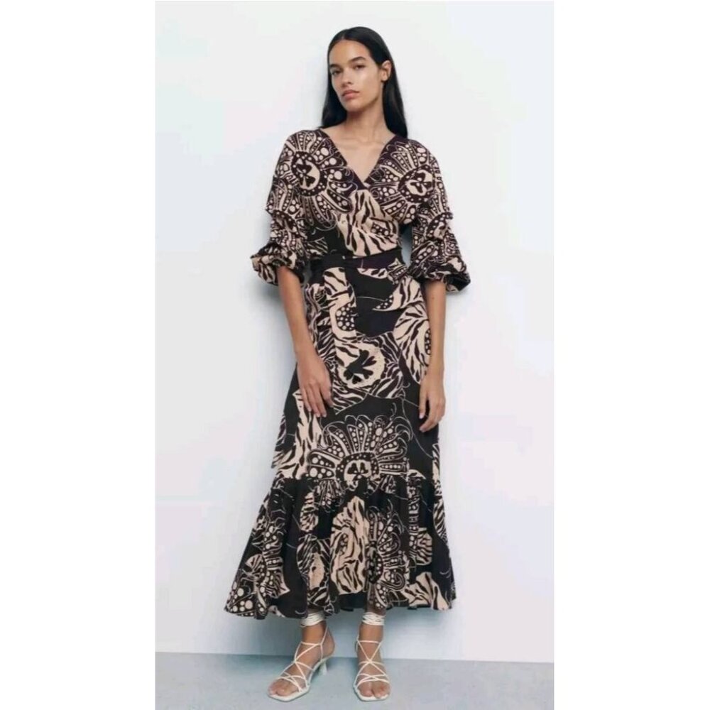 NWT ZARA WOMEN'S Linen Blend Long Printed Skirt + Blouse Suit  2 Pieces XL